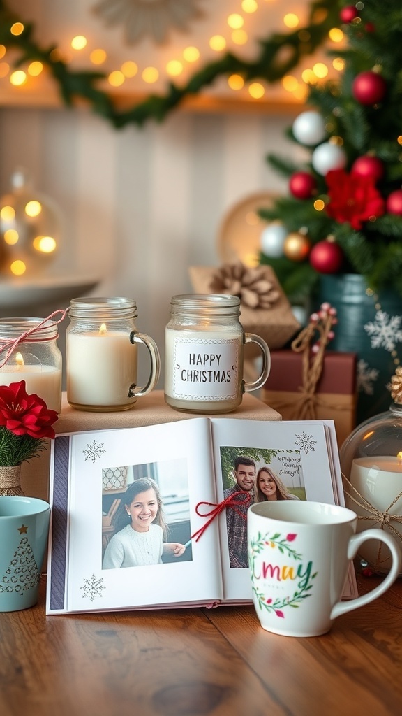 Aesthetic DIY Christmas gifts including candles, photo albums, and mugs on a festive table.